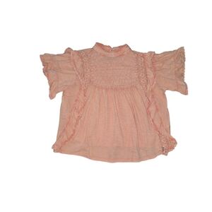 Free People Peach Textured Top Ruffles Lace Trim Size XS Oversized Flowy